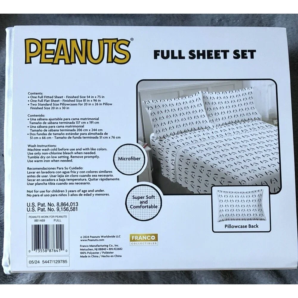 Peanuts Full Sheet Set Snoopy White Black Microfiber Bedding 4 Piece New